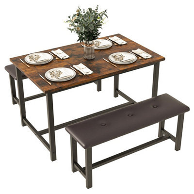 Rustic Brown Wooden 3 Piece Bench Set 2 Benches & A Dining Table - image 1