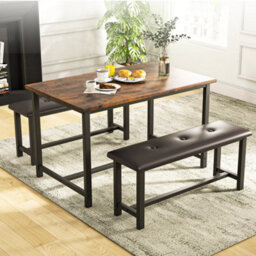 Rustic Brown Wooden 3 Piece Bench Set 2 Benches & A Dining Table - thumbnail 4