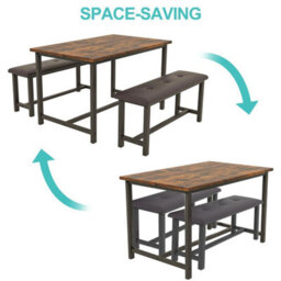 Rustic Brown Wooden 3 Piece Bench Set 2 Benches & A Dining Table - thumbnail 3
