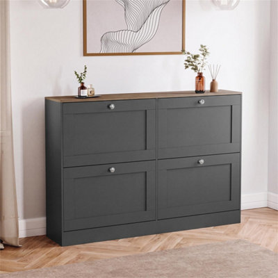 Charcoal Grey & Oak Modern 4 Tier Drawer Door Shoe Cabinet Hallway Storage Space Organisation Unit - image 1
