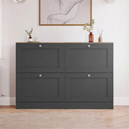 Charcoal Grey & Oak Modern 4 Tier Drawer Door Shoe Cabinet Hallway Storage Space Organisation Unit - thumbnail 2