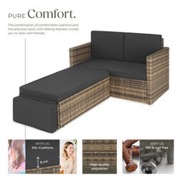 Tectake Garden Sofa Corfu - 2 Seater Sofa, Stool Sun Lounger, Thick Cushions  - Nature - thumbnail 3