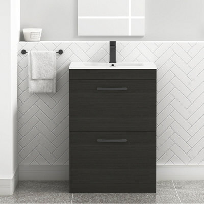 Royal Bathrooms Turin Hale Black 600mm Floor Standing Vanity Unit 2 Drawer With Minimalist Basin Sink & Matt Black Handles - image 1