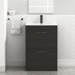 Royal Bathrooms Turin Hale Black 600mm Floor Standing Vanity Unit 2 Drawer With Minimalist Basin Sink & Matt Black Handles