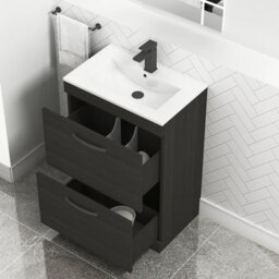 Royal Bathrooms Turin Hale Black 600mm Floor Standing Vanity Unit 2 Drawer With Minimalist Basin Sink & Matt Black Handles - thumbnail 3