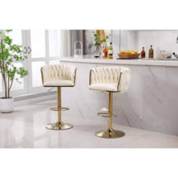 Pair Of Velvet Golden Bar Stools 360 Swivel & Height Adjustable Breakfast Stools Cream