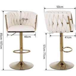 Pair Of Velvet Golden Bar Stools 360 Swivel & Height Adjustable Breakfast Stools Cream - thumbnail 2