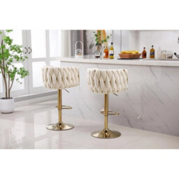 Pair Of Velvet Golden Bar Stools 360 Swivel & Height Adjustable Breakfast Stools Cream - thumbnail 3