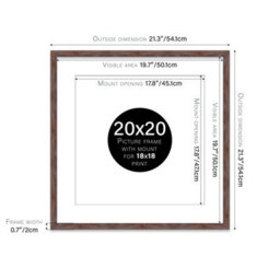 "20X20"" Walnut Picture Frame - 20X20"" Square Frame With 18X18"" Mount For 20X20""/18X18"" Pictures Vintage Style Thin Edge, 1 Pack" - thumbnail 2