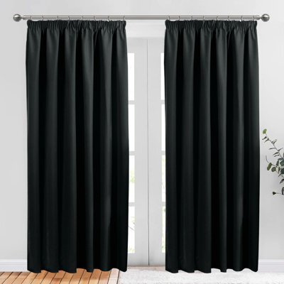 Aspire Homeware Black Plain Blackout Curtains Room Darkening Pencil Pleat Curtain Pair (W) 168Cm X (D)228Cm With Tie Back Pair - image 1