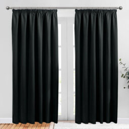 Aspire Homeware Black Plain Blackout Curtains Room Darkening Pencil Pleat Curtain Pair (W) 168Cm X (D)228Cm With Tie Back Pair