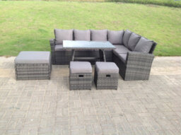 Fimous 9 Seater High Back Rattan Garden Furniture Set Corner Sofa With Oblong Dining Table Big And Small Stool - thumbnail 2