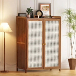 7 Tier Shoe Cabinet Double Rattan Doors Storage Rack - thumbnail 5