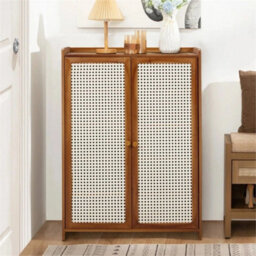 7 Tier Shoe Cabinet Double Rattan Doors Storage Rack - thumbnail 4