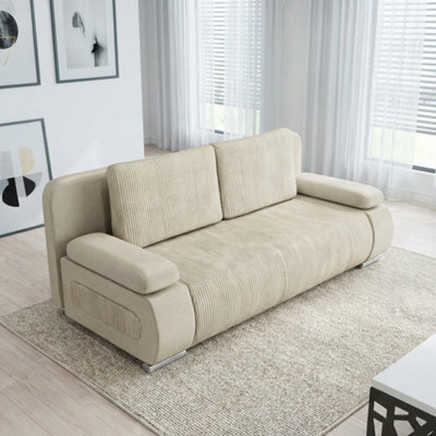 Emma M Corduroy Sofa Bed With Sleeping Function Mdf Frame Hr Foam Storage Compartment 200 X 92 X 77 Cm Cream - image 1