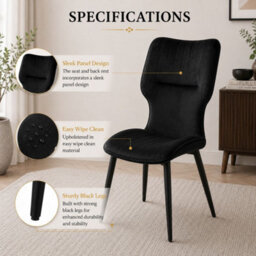 Stratus Interiors Windsor Winged Back Velvet Dining Chair - Soft Black Velvet Seat & Black Legs  - W 63 D 54 H 88 Cm - thumbnail 4