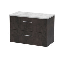 Hudson Reed Juno Wall Hung 2 Drawer Vanity & Bellato Grey Worktop, Metallic Slate Woodgrain, 805 X 390 mm