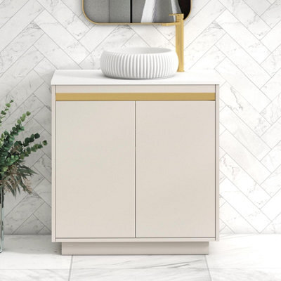 Royal Bathrooms Orion 800mm Warm Taupe Floor Standing Plain White Countertop Vanity Unit 2 Door With Milan Basin & Brushed Brass Accent Trim - image 1
