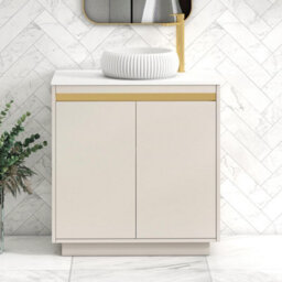 Royal Bathrooms Orion 800mm Warm Taupe Floor Standing Plain White Countertop Vanity Unit 2 Door With Milan Basin & Brushed Brass Accent Trim - thumbnail 1