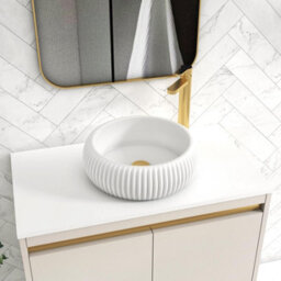 Royal Bathrooms Orion 800mm Warm Taupe Floor Standing Plain White Countertop Vanity Unit 2 Door With Milan Basin & Brushed Brass Accent Trim - thumbnail 5