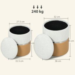 Homcom Round Storage Ottoman Set Of 2, Nesting Footrest Stool, Cream & Brown - thumbnail 3