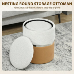 Homcom Round Storage Ottoman Set Of 2, Nesting Footrest Stool, Cream & Brown - thumbnail 4