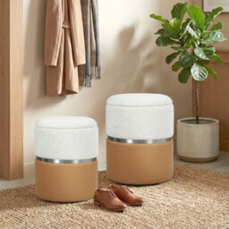 Homcom Round Storage Ottoman Set Of 2, Nesting Footrest Stool, Cream & Brown