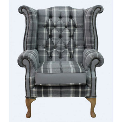 Chesterfield High Back Wing Chair Balmoral Dove Silver Grey Real Fabric And Leather In Queen Anne Style - image 1