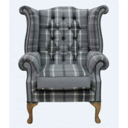 Chesterfield High Back Wing Chair Balmoral Dove Silver Grey Real Fabric And Leather In Queen Anne Style - thumbnail 1