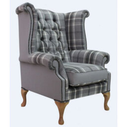 Chesterfield High Back Wing Chair Balmoral Dove Silver Grey Real Fabric And Leather In Queen Anne Style - thumbnail 3
