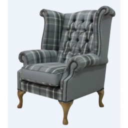 Chesterfield High Back Wing Chair Balmoral Dove Silver Grey Real Fabric And Leather In Queen Anne Style - thumbnail 2