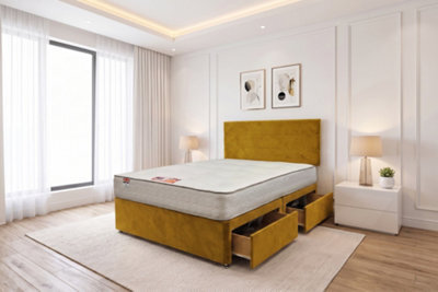 Knight Sleep York Mustard Plush 6Ft Hybrid Sprung Orthopaedic Divan Bed Set 4 Drawers With Upholstered Headboard - Super King - image 1