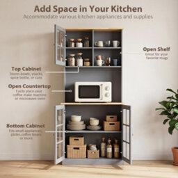 Homcom Kitchen Pantry, Buffet Hutch With 3 Storage Cabinets, Grey - thumbnail 4