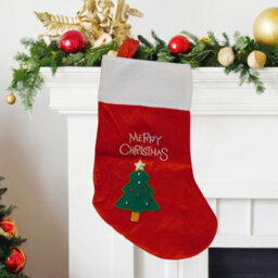 Neel Blue Red Velvet Christmas Stocking With Embroidered Xmas Tree And Merry Christmas Design, Hanging Santa Sock - thumbnail 4