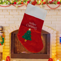 Neel Blue Red Velvet Christmas Stocking With Embroidered Xmas Tree And Merry Christmas Design, Hanging Santa Sock - thumbnail 6