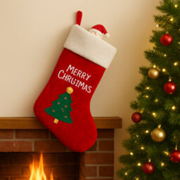 Neel Blue Red Velvet Christmas Stocking With Embroidered Xmas Tree And Merry Christmas Design, Hanging Santa Sock - thumbnail 8