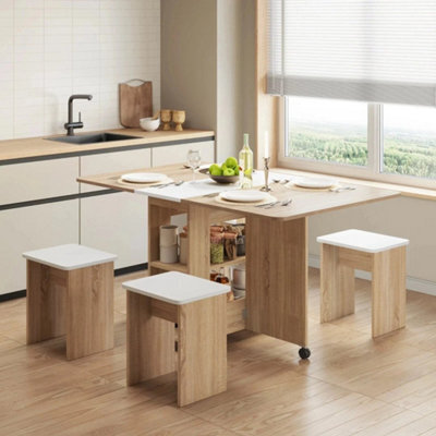 Oak And White Folding Dining Table & Chairs Drop Leaf Table W/ 4 Chairs For Kitchen - image 1