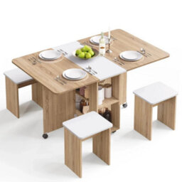 Oak And White Folding Dining Table & Chairs Drop Leaf Table W/ 4 Chairs For Kitchen - thumbnail 3