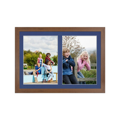 AK Frames 20X14 Walnut Modern Multi Photo Frame With Blue Mount - Holds 2 Apertures (2X) A4 Photos - image 1
