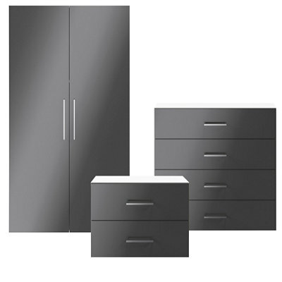 GoodHome Atomia Freestanding Matt & High Gloss Anthracite & White 3 Piece Bedroom Furniture Set