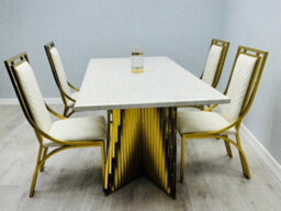 Stratus Interiors Ravello 1.8M Cream Marble Dining Table Gold Stand - 180 Cm X 90 Cm X 76 Cm - thumbnail 1