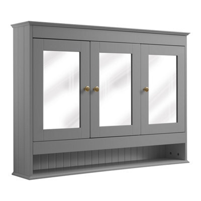 Homestylestore 1050 X 750mm Light Grey Wall Mounted Mirrored Door Bathroom Cabinet And Aged Gold Round Handles - image 1