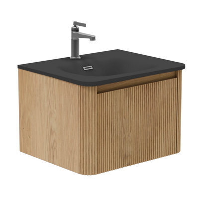 Plum&clay Isla Ribbed Fluted Oak Wood Wall Hung Drawer Vanity Unit & Black Basin Set (W)600mm - image 1