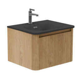 Plum&clay Isla Ribbed Fluted Oak Wood Wall Hung Drawer Vanity Unit & Black Basin Set (W)600mm - thumbnail 1
