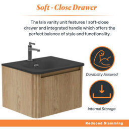 Plum&clay Isla Ribbed Fluted Oak Wood Wall Hung Drawer Vanity Unit & Black Basin Set (W)600mm - thumbnail 4