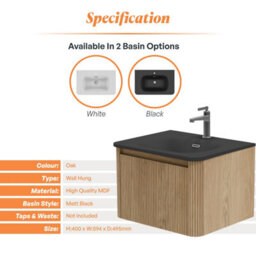 Plum&clay Isla Ribbed Fluted Oak Wood Wall Hung Drawer Vanity Unit & Black Basin Set (W)600mm - thumbnail 5