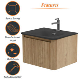 Plum&clay Isla Ribbed Fluted Oak Wood Wall Hung Drawer Vanity Unit & Black Basin Set (W)600mm - thumbnail 6