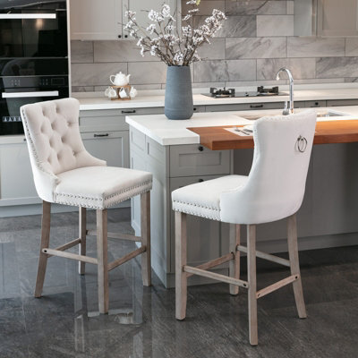 HomeTouch Set Of 4 Velvet Upholstered Bar Stools, Kitchen Breakfast Barstools With Wooden Legs Bar Chairs For Counter Beige - image 1