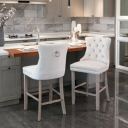HomeTouch Set Of 4 Velvet Upholstered Bar Stools, Kitchen Breakfast Barstools With Wooden Legs Bar Chairs For Counter Beige - thumbnail 4