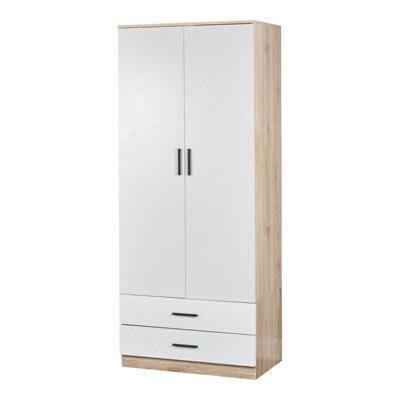 Urbnliving 180Cm Tall 2 Door Wardrobe Oak Carcass And White Drawers With 2 Drawers Bedroom Storage Hanging Bar Clothes - image 1
